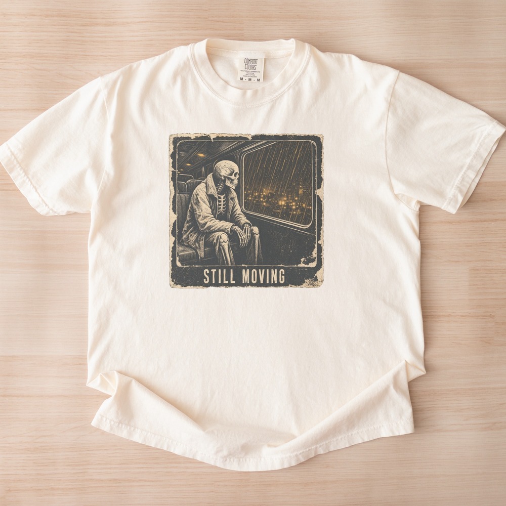 Still Moving Skeleton Riding Alone Through the Rainy City Tee